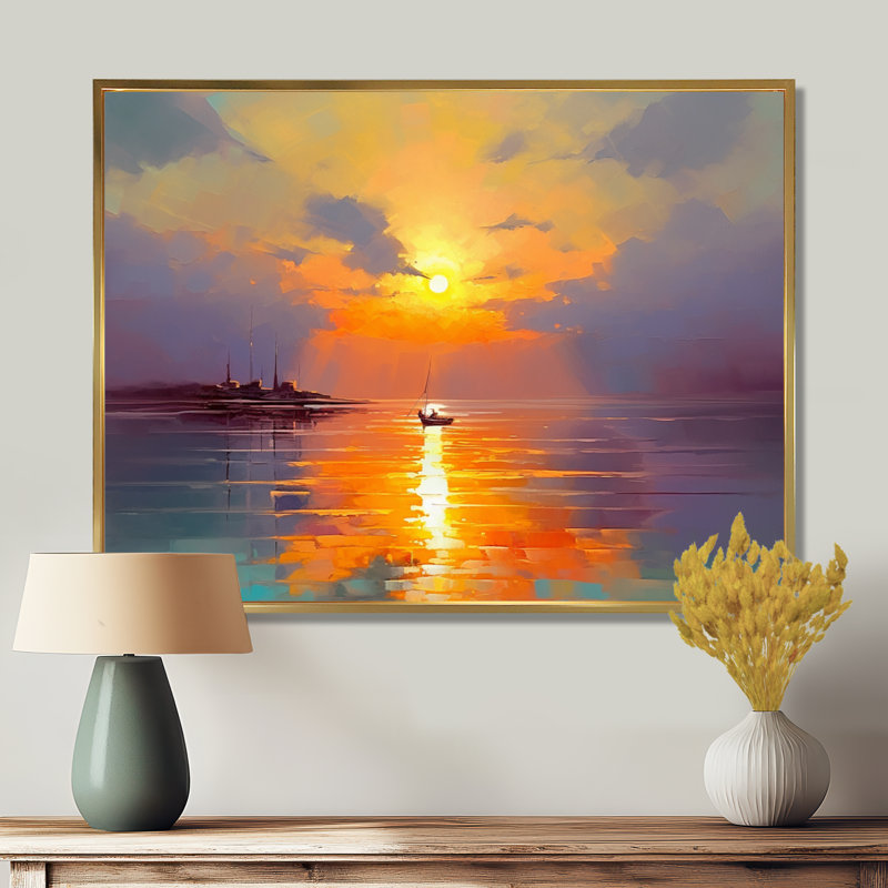 Bateau qui quitte le port, coucher de soleil doré - décor d'art mural coucher de soleil, Toile avec cadre flottant or