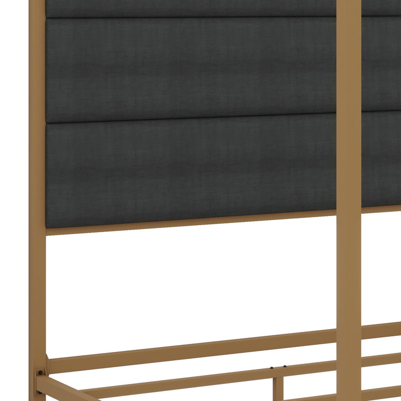 Contemporary Metal Four-Poster Bed Set Featuring Linen Upholstered Headboard, Queen, Dark Gray,Gold