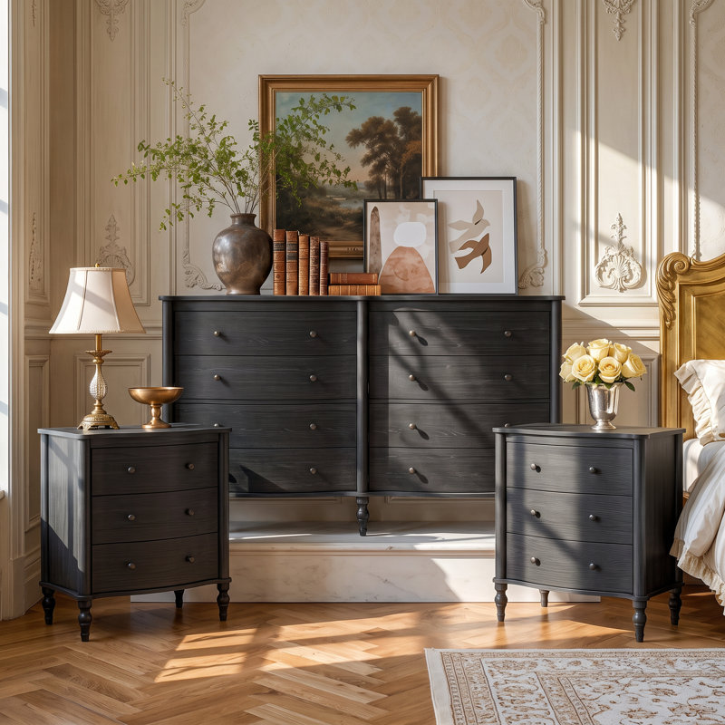 Ensemble de chambre à coucher Homsee Curva 3 pièces (1 commode + 2 tables de chevet) (ensemble de 3), Grey Wood