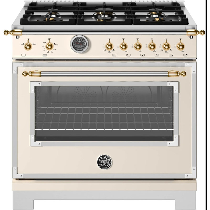 Heritage Series range 36 In All Gas IVORY gold knobs and handle finials, ivory, Brass
