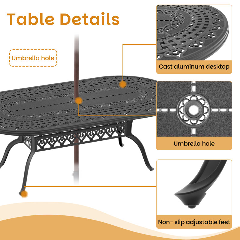 7-Piece Patio Dining Set, 81.89"L Oval Table with Umbrella Hole & 6 Stackable Chairs, Blue Cushions, 6