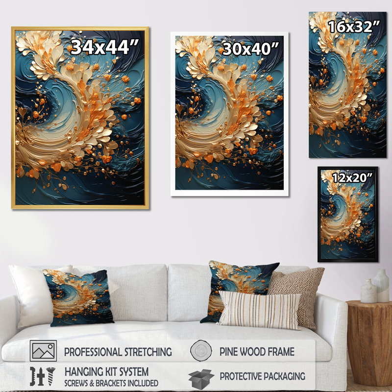 Abstrait, art mural sur toile Golden Sapphire, H 40 po x l 30 po x P 1,5 po, Cadre simple noir