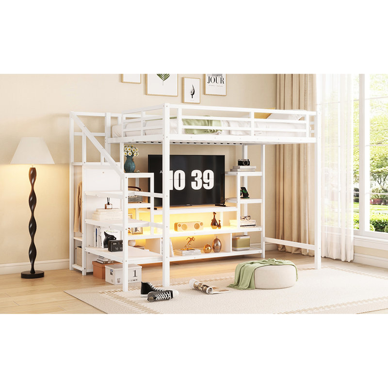 Lit mezzanine en métal blanc avec meuble télé, escalier et fonctionnalité polyvalente, Blanc