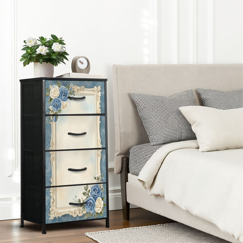 Commode 4 tiroirs pour chambre à coucher, commode étroite, plateau en bois et structure en fer de travail 18 po x 37,5 po - (l x H)