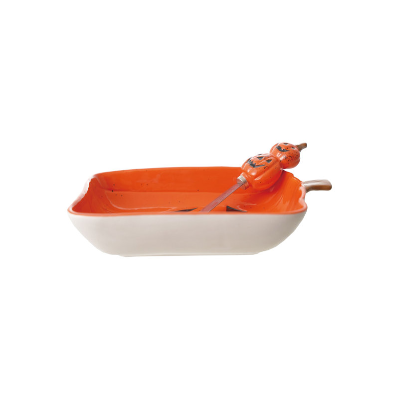 Stoneware Jack-O-Lantern Shaped Dish with Canape Knife