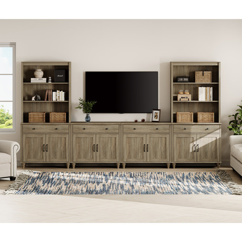 Locklin Farmhouse TV Stand With Bookshelves For, Modern Entertainment Center With Storage Cabinet, TV Console For Living Room, Bedroom