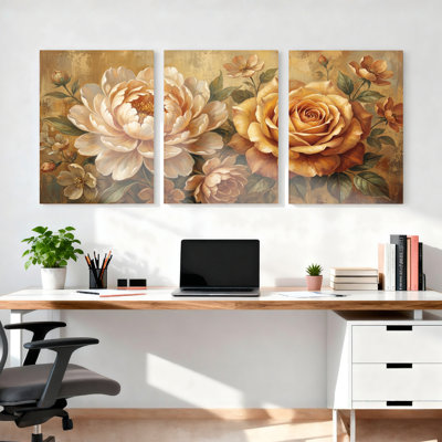 Floral pivoine et rose sur toile tendue, ensemble de 3 reproductions de peintures à l'huile pour salon