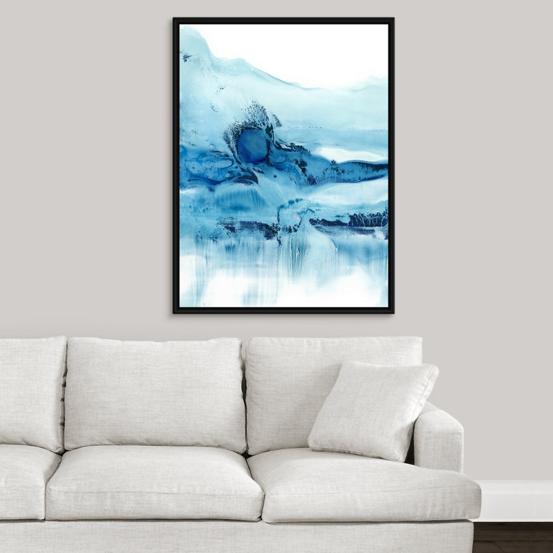 « blue currents ii », peinture sur toile, Cadre flottant noir, H 41,7 po x l 31,7 po x P 1,75 po