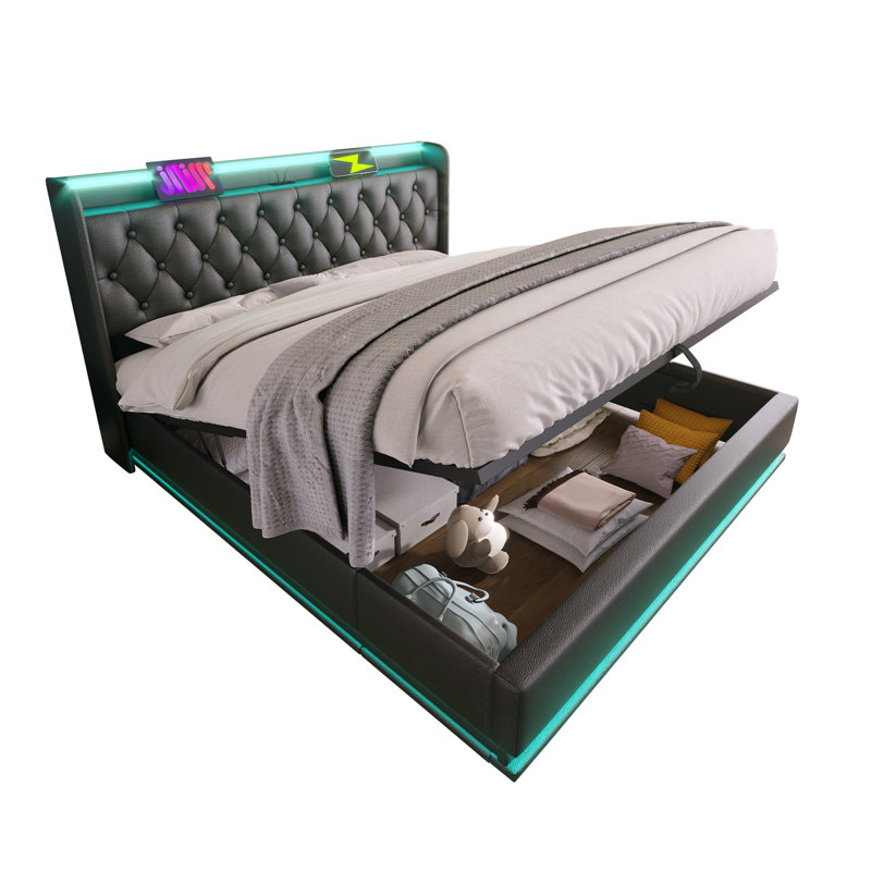 Lit tapissier, fonction DEL à 360 degrés, boutons / applications / télécommande, lit de rangement hydraulique avec chargement USB Type-C, polyuréthane (sans matelas)