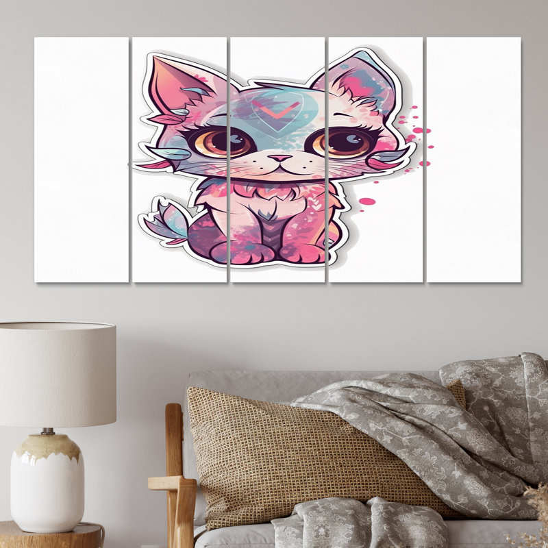 Illustration de chat rose mignon chaton - reproduction d'art de chat animaux - 5 panneaux égaux