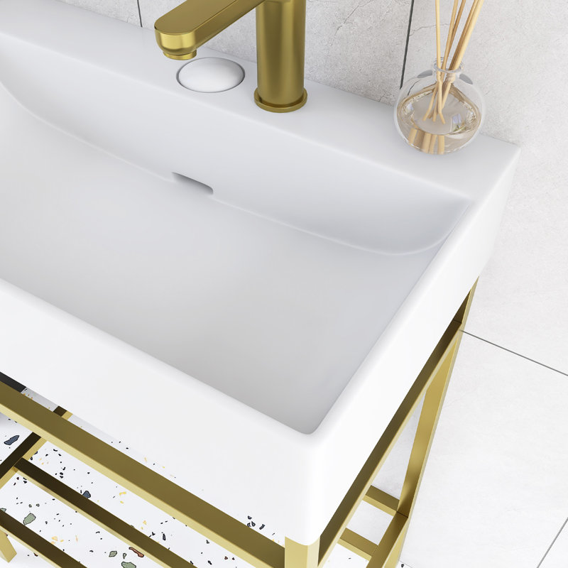 Meuble-lavabo 24 po avec lavabo en céramique, Blanc, Doré