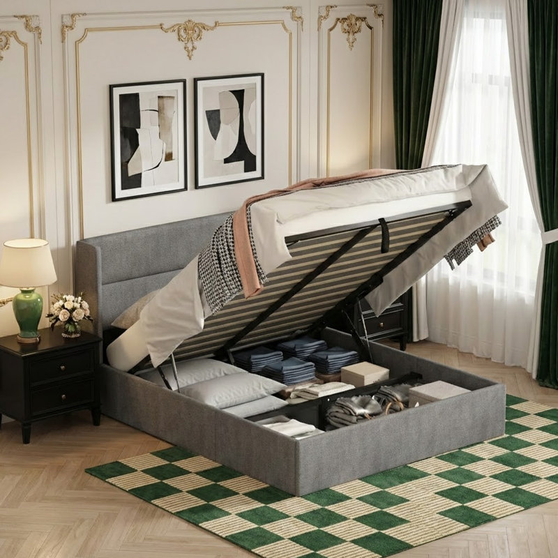Annek Upholstered Bed Frame with Lift Up Storage, 40.9"H Wingback Headboard, Wood Slats & Metal Frame, Multiple Sizes & Fabric Options Available