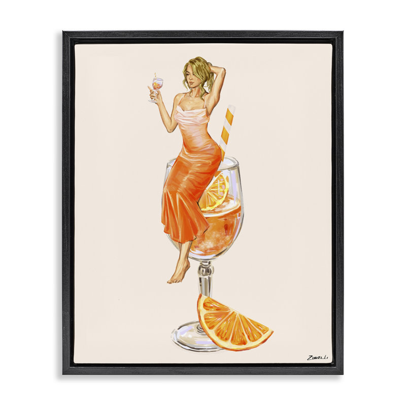 Femme et tranche d'orange cocktail, Cadre flottant noir de jais, H 31 po x l 25 po