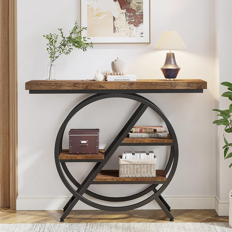 Console de 39,4 pouces à 4 niveaux avec cadre en métal et tablettes de rangement, décor brun rustique pour le salon et le couloir