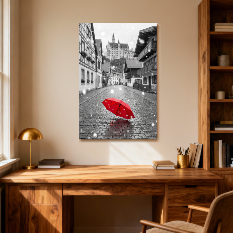 Scénique et paysage urbain parapluie rouge sur la rue pavée avec château, H 30 po x l 20 po