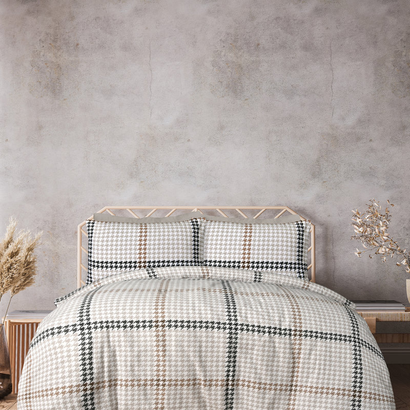 Cotton Houndstooth Duvet Cover Set with Pillowcases, Natural, Kingsize - 2 Standard Pillowcases
