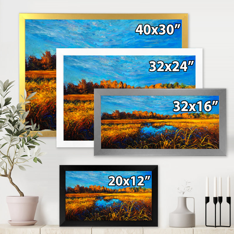 Orange Meadows sous un ciel bleu clair - peinture sur toile, H 30 po x l 40 po x 1,5 po, Cadre photo argenté