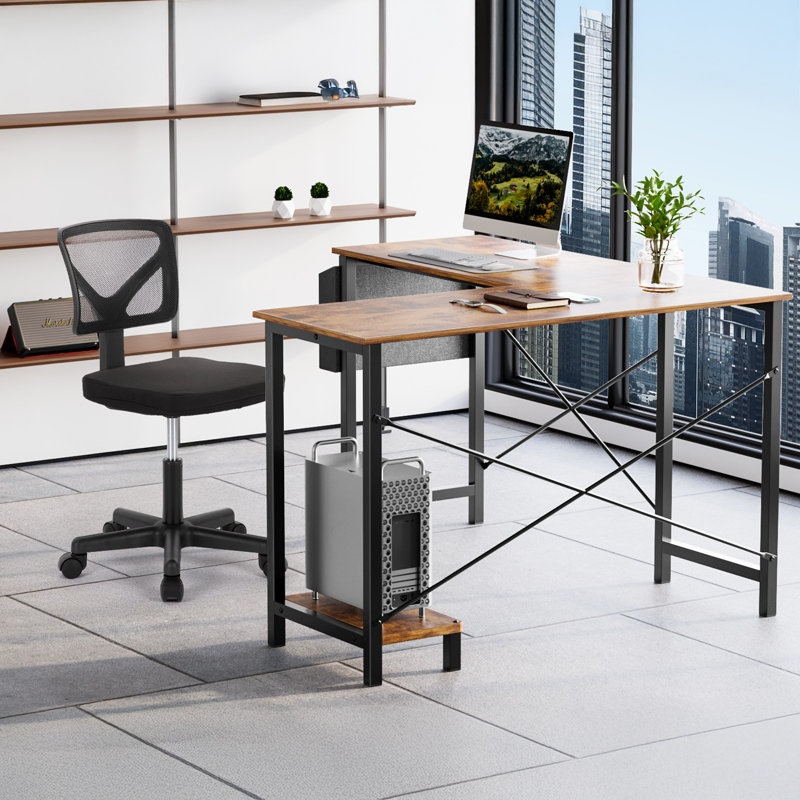 Desk and Chair Set: 49 Inch L-Shaped Computer Desk and Height Adjustable Mesh Chair, Brown