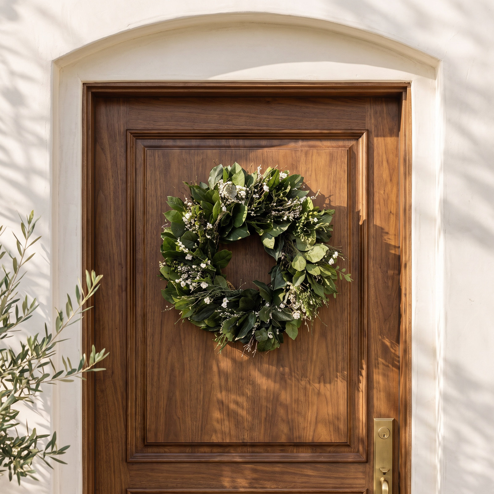 Natural Preserved and Dried Flower Green Leaves, Boxwood, and Ammobium Wreath