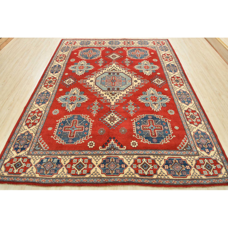 Tapis oriental géométrique en laine noué à la main 8 pi 2 po x 9 pi 8 po Kazak