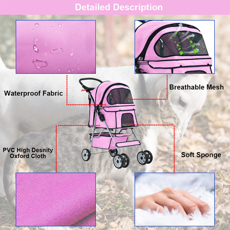 Pink 4-Wheel Pet Stroller with Mesh Windows