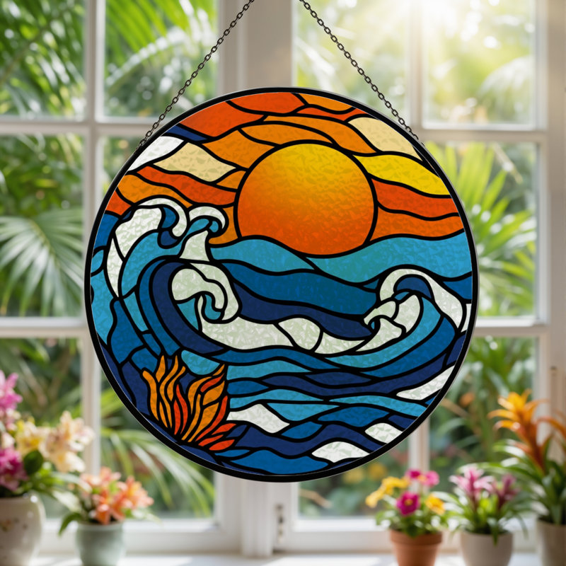 Panneau de vitrail 12 "H Sunset Waves, H 12 po x l 12 po