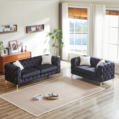 Canapé de salon moderne en velours 3 places + 2 places avec cadre en bois massif et pieds en métal, 4 coussins, meubles d'appoint pour salon, bureau et bureau