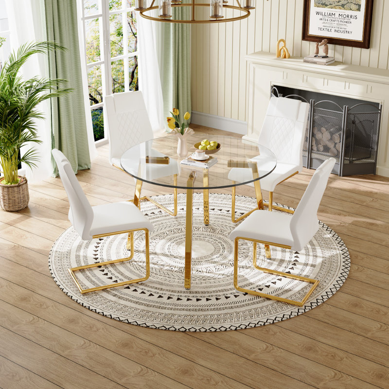 Glass Top Dining Set, 5, Gold, White/Gold