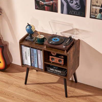 Meuble de platine vinyle, pouvant contenir jusqu'à 100 disques, style vintage, avec étagères amovibles et hauteur réglable, idéal pour le salon ou la chambre. Couleur : marron.