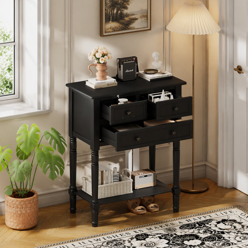 Console étroite, canapé mince avec trois tiroirs de rangement et tablette inférieure (noir), Noir