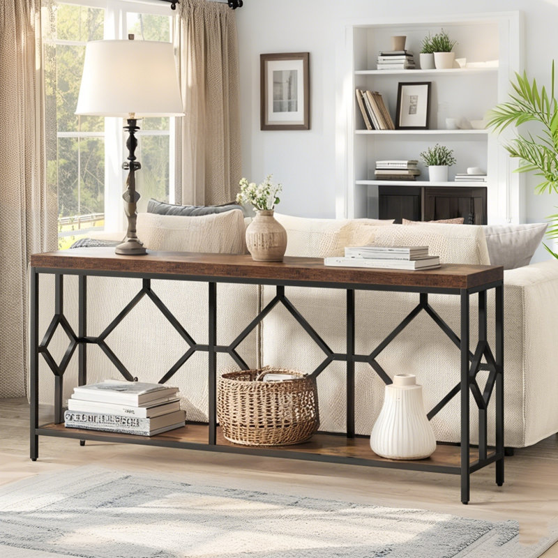 Très longue table d'appoint 70,86 po, console 2 niveaux, Brun rustique / noir