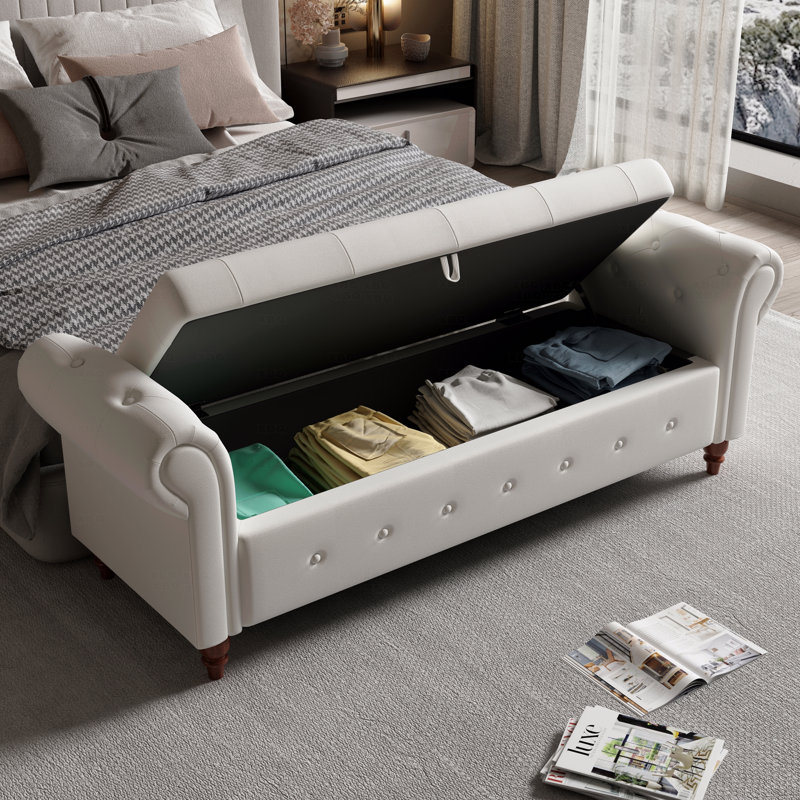Upholstered 63" Bed Bench , Wooden Legs, Beige