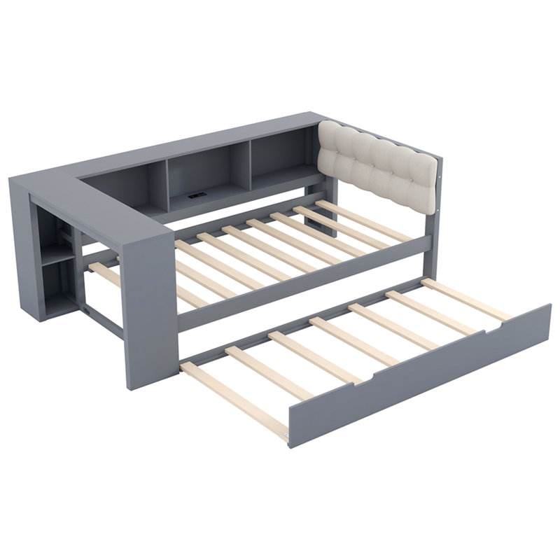 Lit plateforme en bois simple avec tablettes de rangement, lit gigogne, station de charge et tête de lit tapissier, gris