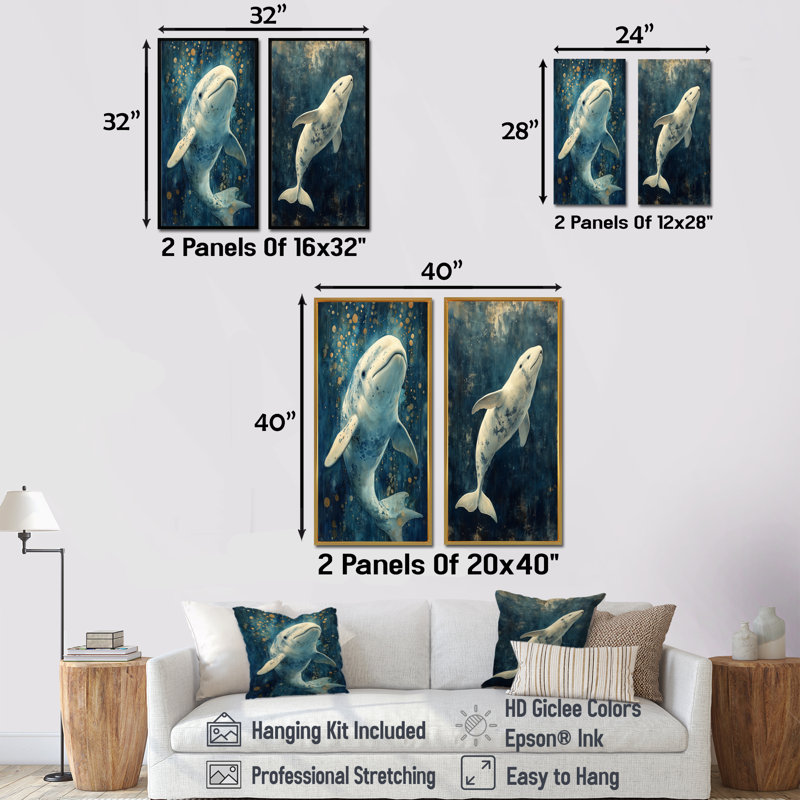 Ensemble de 2 pièces Baluga en tons de blanc et de bleu I - poisson, H 32 po x l 32 po, Impression encadrée, Blanc