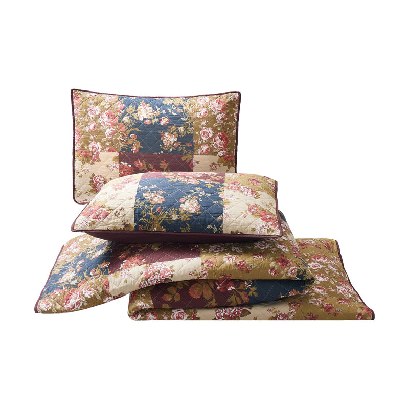 Full Red Cotton Reversible Quilt Set with Shams