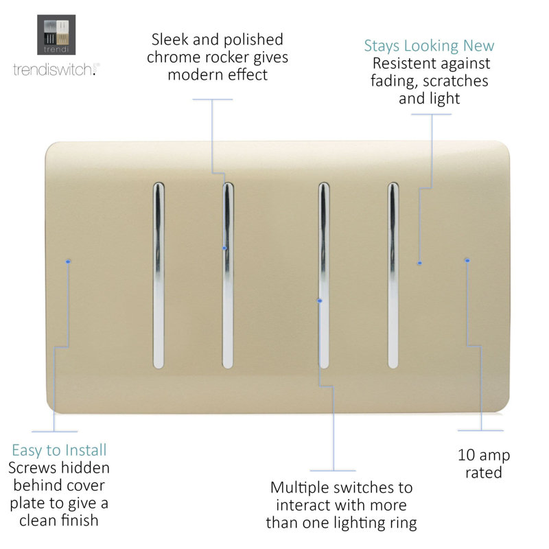 Trendi Switch 4 Gang 1 or 2 Way Light Switch, Champagne Gold