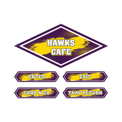 AmTab - Desserte-Décor-S02-I-EC - Panneau de service (5 pièces) - Style 2 - Hawks
Enseigne de café: l 24 po x L 72 po
Signe d'entrée: l 8,5 po x L 36 po
Enseigne de sortie: l 8,5 po x L 36 po
Panneau Grab N Go: l 8,5 po x L 36 po
Panneau de retour du plateau: l 8,5 po x L 36 po