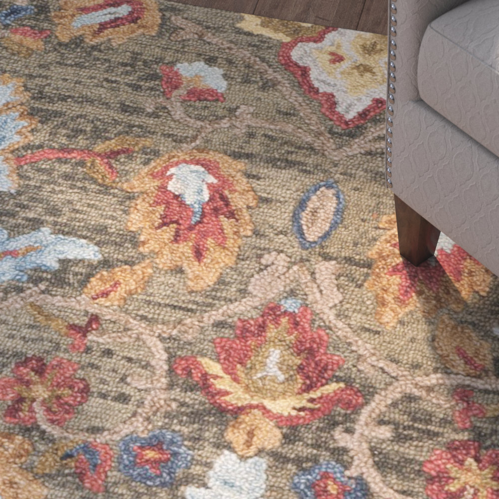 Tansy Green Multi Handmade Wool Floral Rug, Square 4'