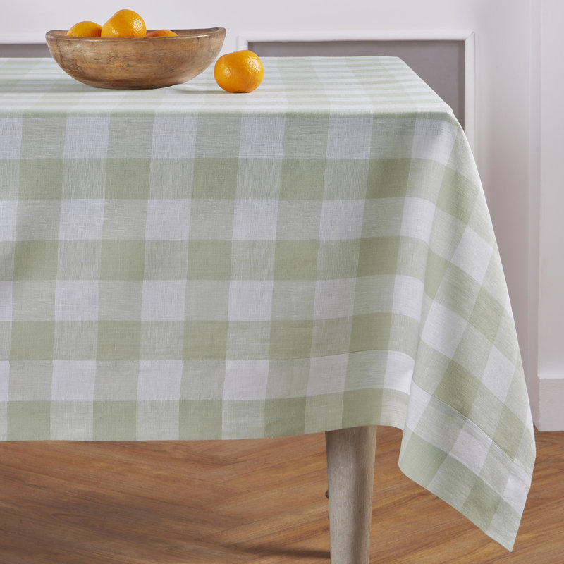 Buffalo Check - 100% Pure Linen Tablecloth, 132" L x 60" W, Sage/White, Checkered