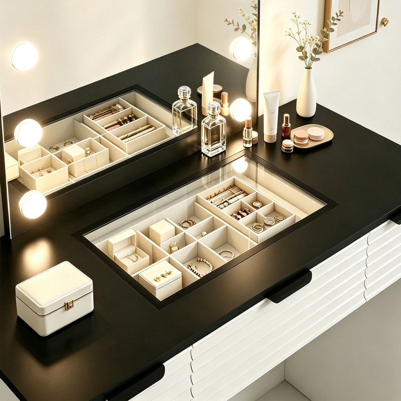 Ensemble de maquillage moderne avec miroir et borne de recharge, Blanc, noir