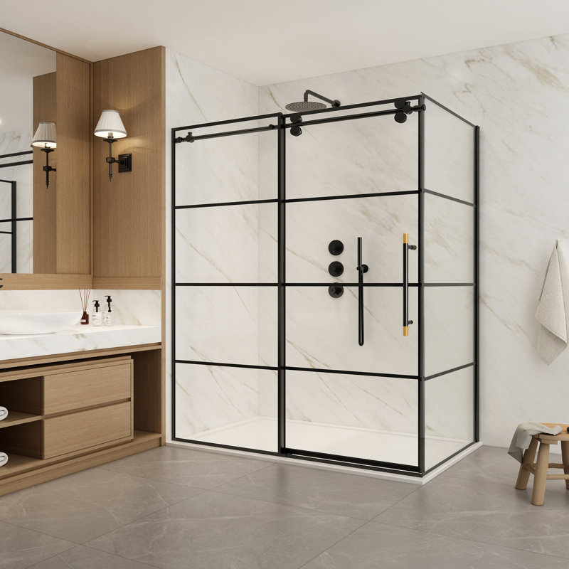 Losar 68'' Matte Black Framed Rectangle Shower Enclosure
