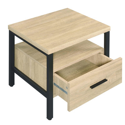 Rustic 1 Oak And Black Accent Table - For Living Room, Bedroom, Relaxing Corner Strong Metal Legs, Partical Board & Composite Wood Style With Drawer V