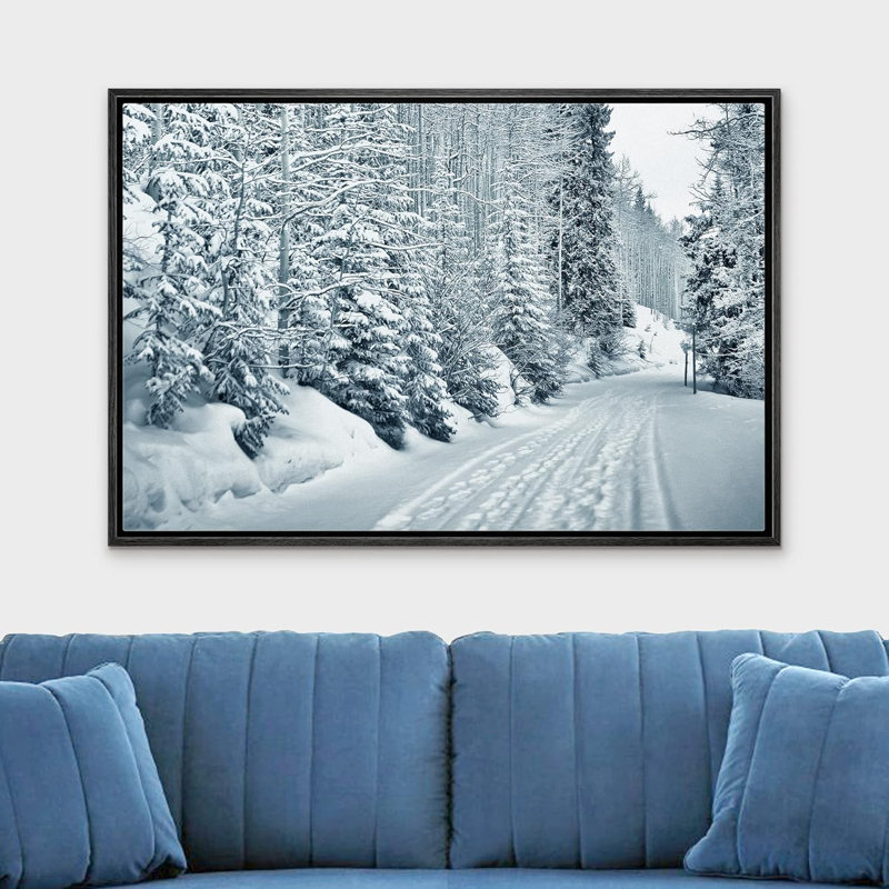 Ski and Foot Prints Trought The Snowy Forest in Vail, Colorado, 24" H x 36" W, Black Floater Framed