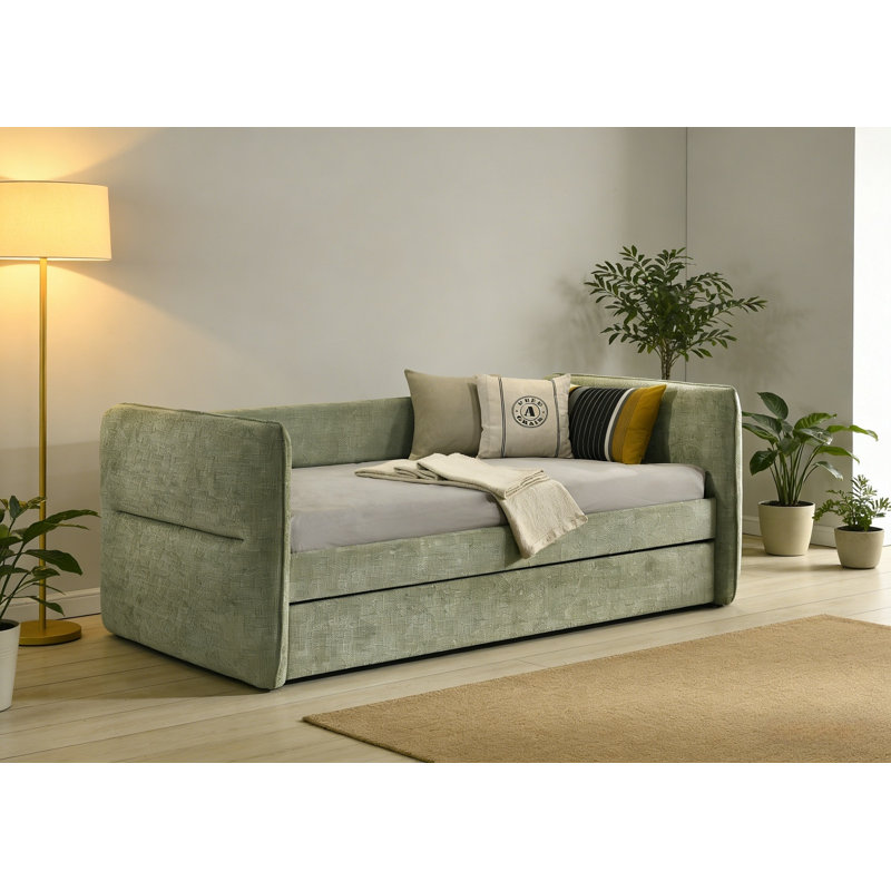 Pull Out Bed, Upholstered Daybed With Pull Out Trundle, Bed Frame With Button Tufted Nailhead Trim, No Box Spring Needed