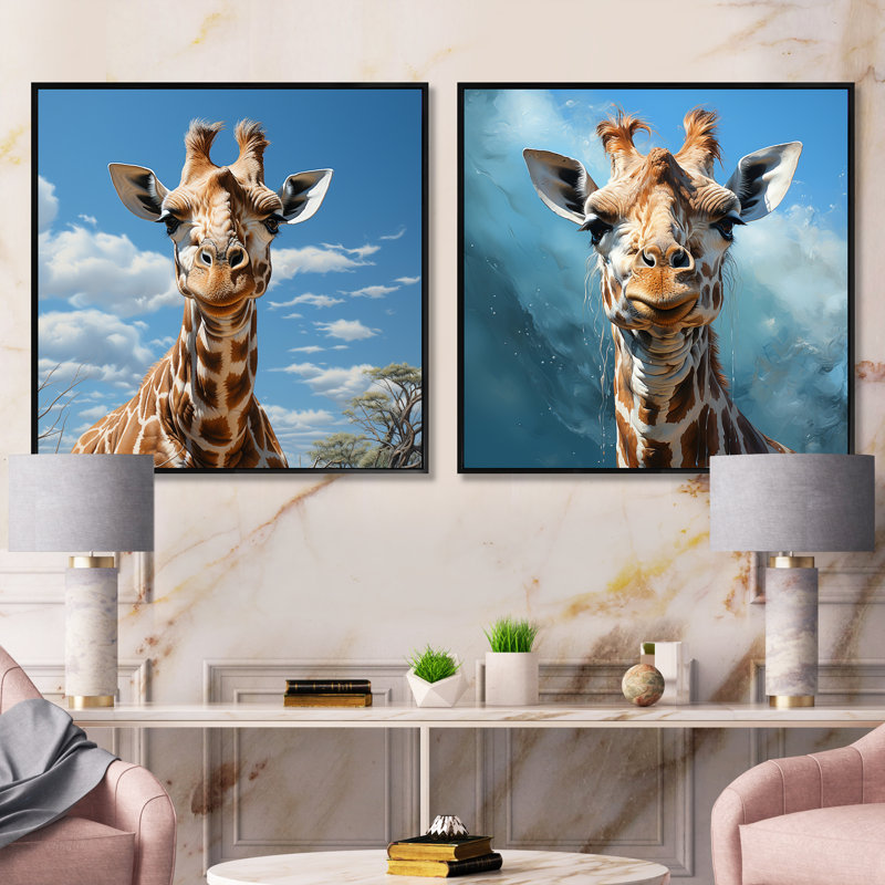 Ensemble de 2 collages carrés girafe brun, Cadre flottant noir, H 16 po x l 33 po