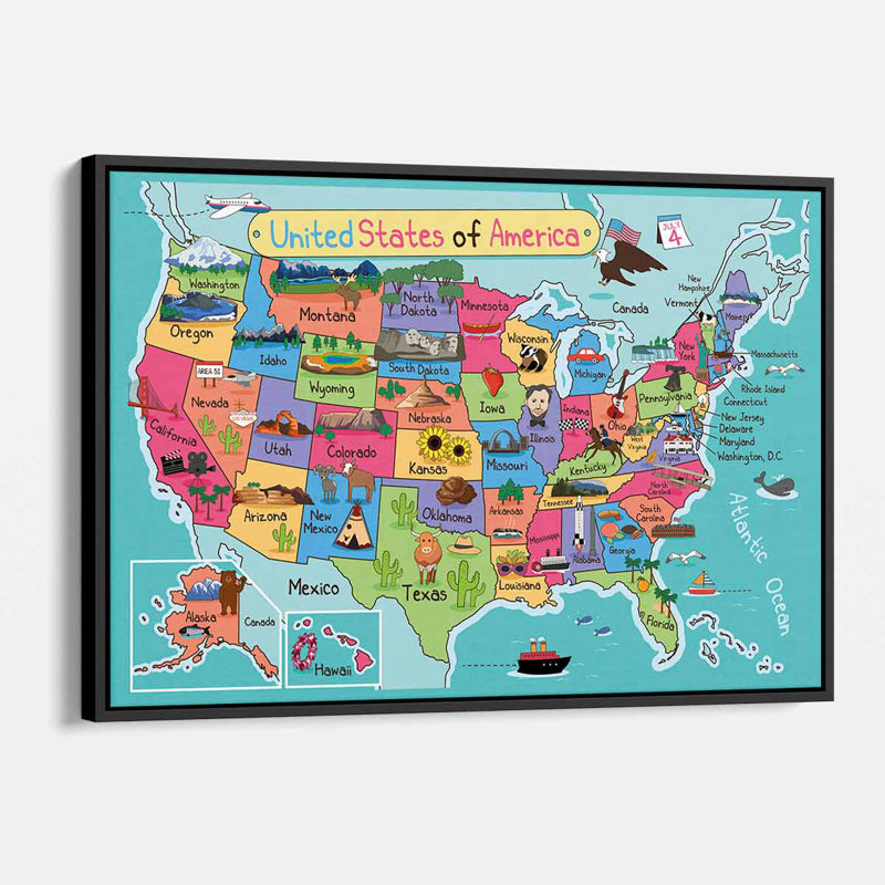 «Reze Blue US Map», art mural sur toile 8546, H 12 po x l 16 po, Cadre flottant noir