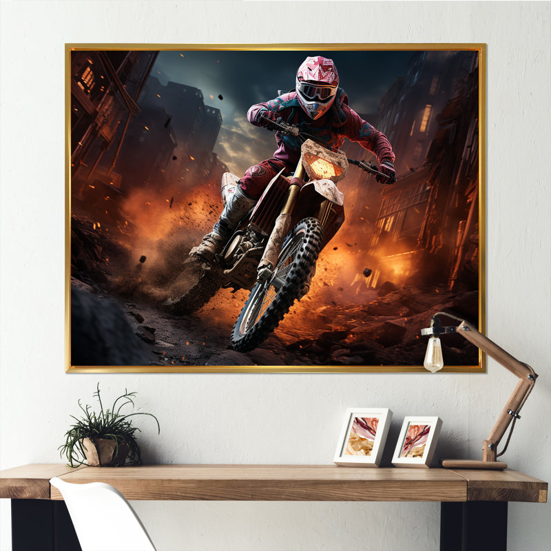 Motocyclette orange et noire - art sur toile, Cadre flottant doré, H 34 po x l 44 po x P 1,5 po
