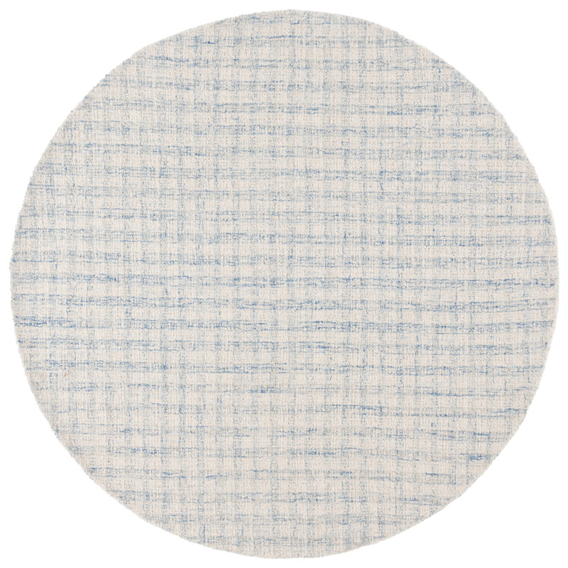 Antine Ebony Hand Tufted Wool/Cotton Checkered Rug in Blue/Ivory, Round 6'