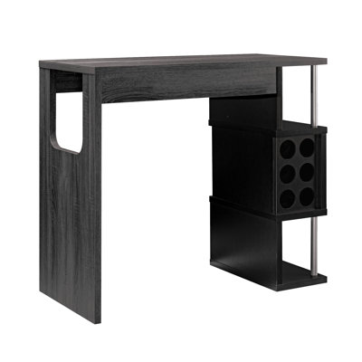 Grey & Black Home Bar Table With Three Shelves And Convenient Wine Glass Slot Distressed Counter Compartment For Hosting,