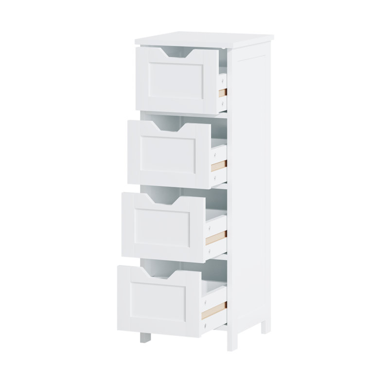 Armoire de salle de bain avec 4 tiroirs, organisateur de rangement autoportant en bois pour la salle de bain, le couloir ou le salon, armoire latérale étroite blanche avec un design vertical peu encombrant, blanc